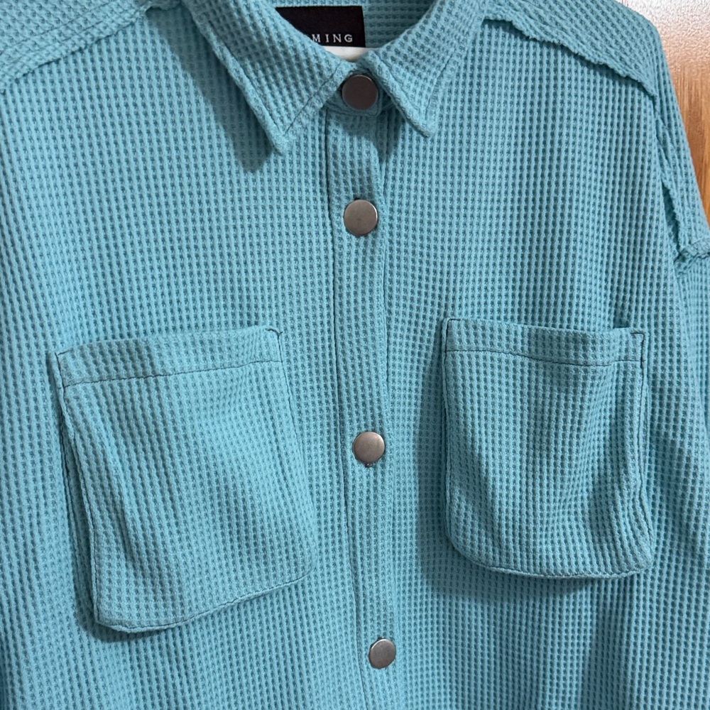 Timing Turquoise Waffle Knit Utility Jacket - Picture 3 of 8